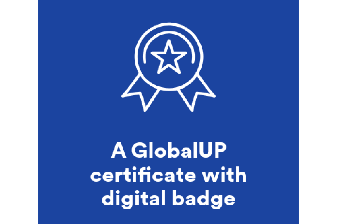 badge icon with text that says a global up certficate with digital badge